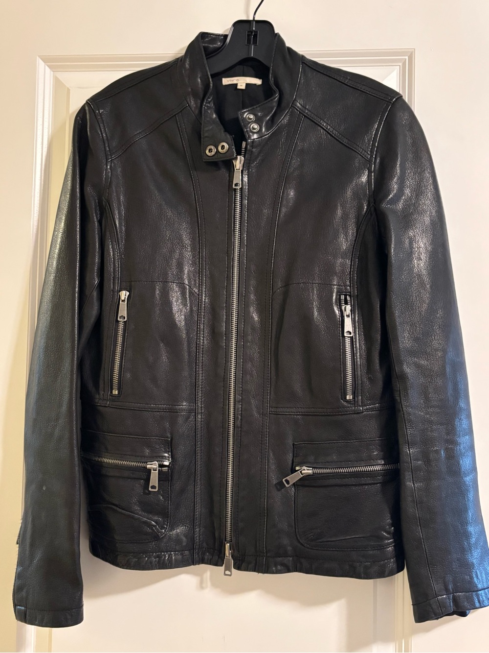 Vince Black Leather Bomber Jacket with Stand Collar